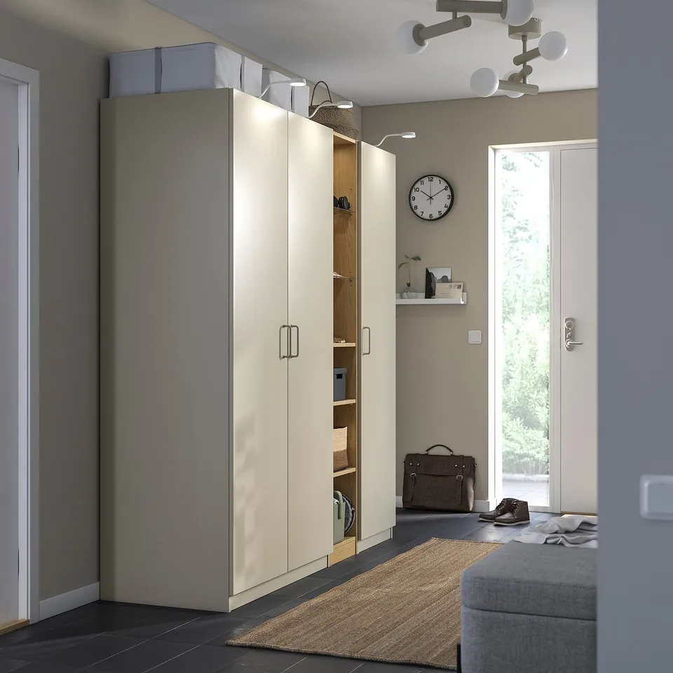 PAX / FORSAND Wardrobe combination, grey-beige grey-beige/oak effect, 185x60x201 cm
