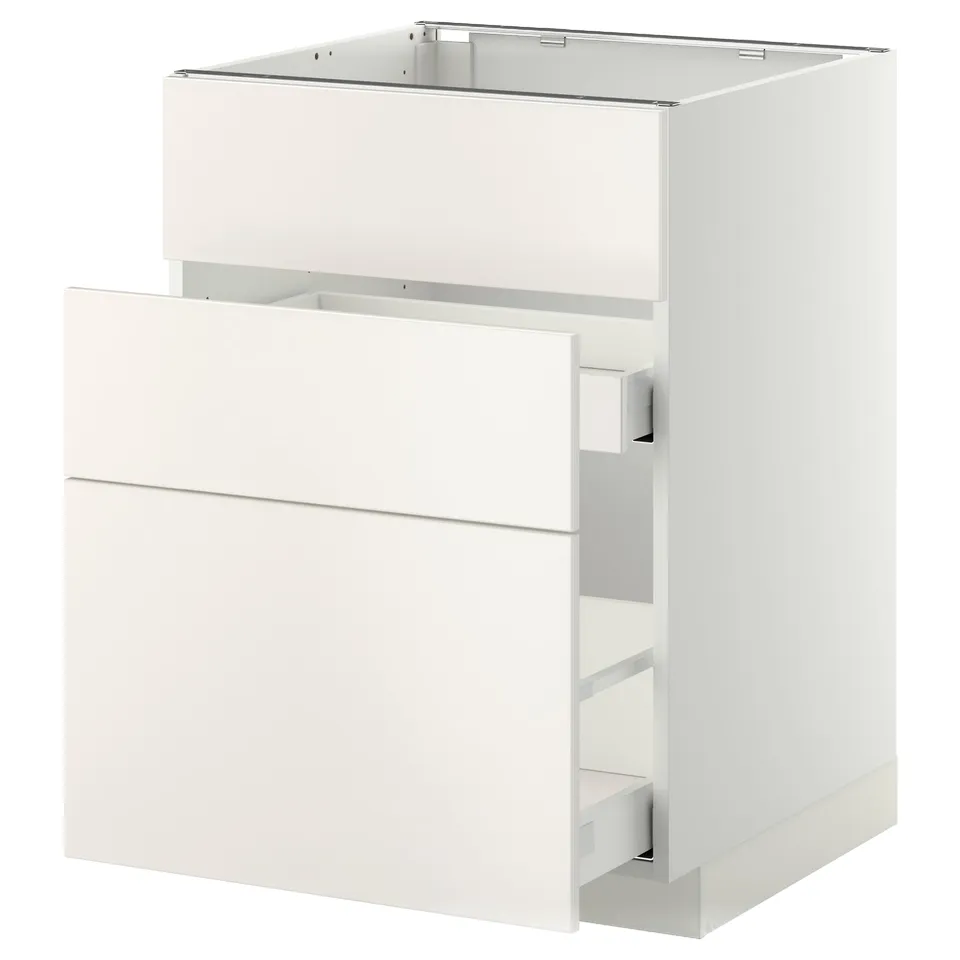 A modern white kitchen cabinet from IKEAs METOD system. It sleek, smooth lines and includes drawers with self-closing mechanisms.