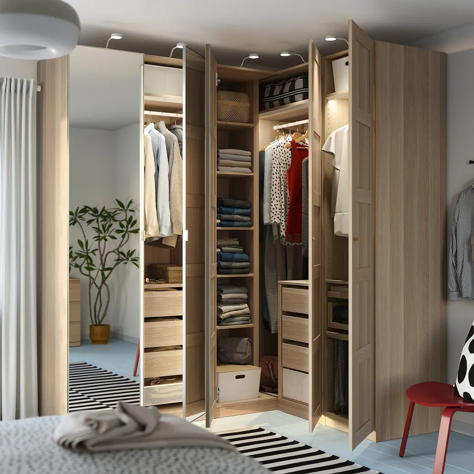 PAX / BERGSBO/ÅHEIM Corner wardrobe, white stained oak effect/oak veneer mirror glass, 211/161x236 cm