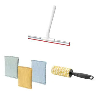BÄSTIS/LILLNAGGEN/PEPPRIG set: squeegee + scrubbing pad + lint roller, green blue/yellow + grey, Length 20 x Width 25.5 cm
