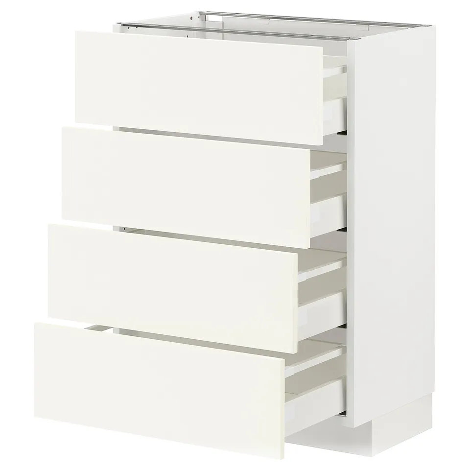 Ikea METOD white kitchen cabinet with four drawers, sleek modern design.