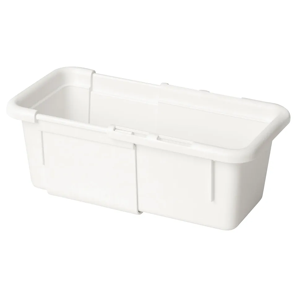 A white extendable plastic storage box named KACKLA, rectangular in shape, designed to organise items efficiently.