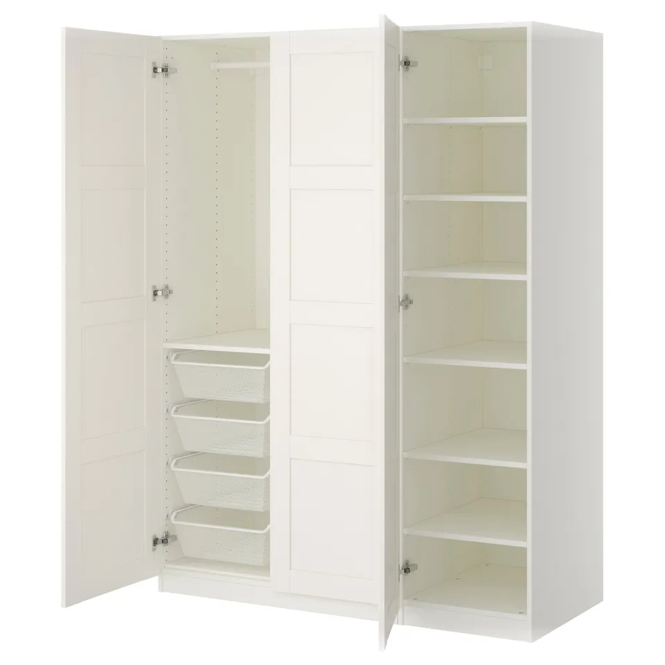 White PAX wardrobe, open doors revealing shelves and mesh baskets, minimalist design.