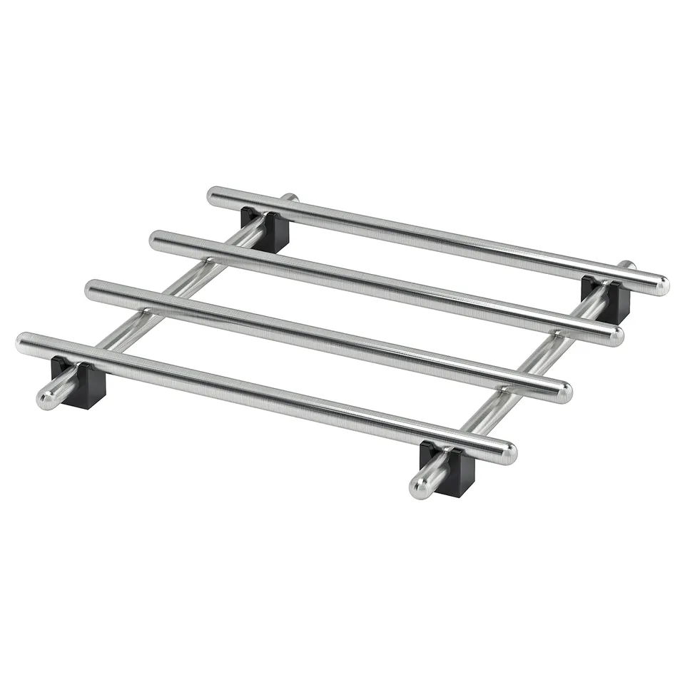 LÄMPLIG stainless steel rack, black rubber feet, rectangular shape, horizontal bars design.