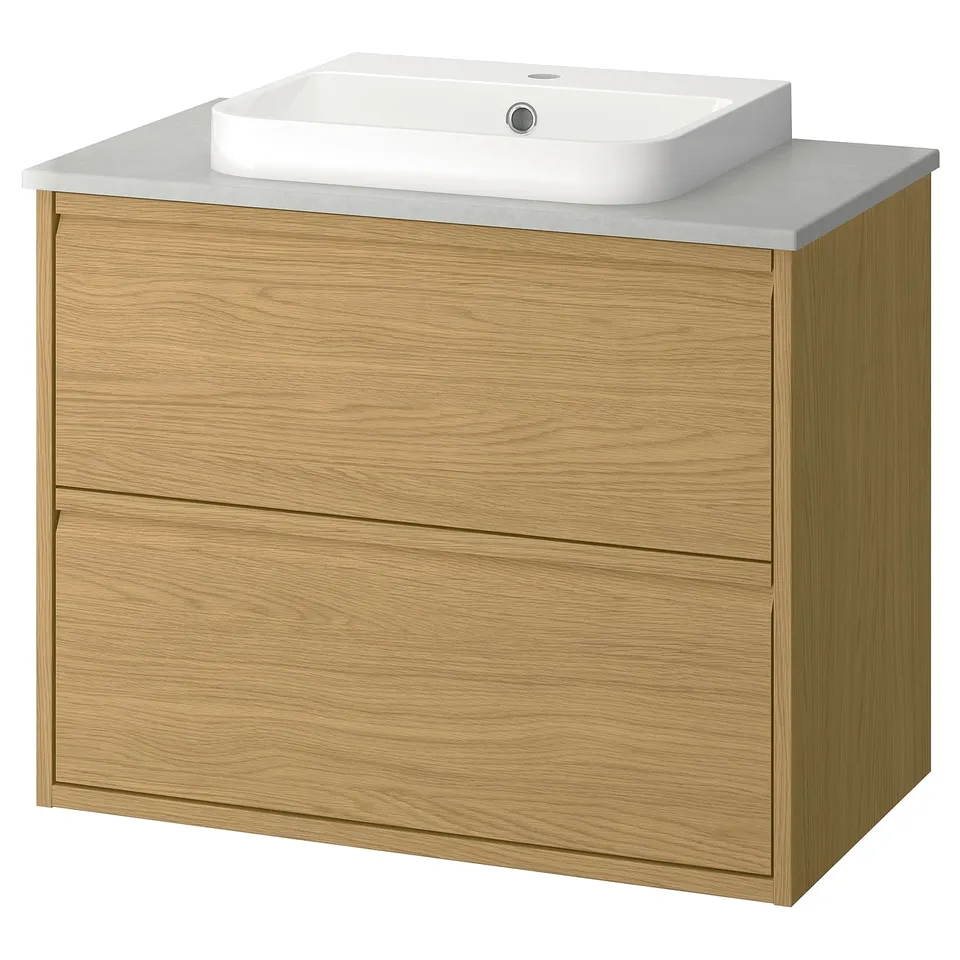 ÄNGSJÖN: oak-look wall cabinet with modern sink. Natural, minimalist design with two drawers.