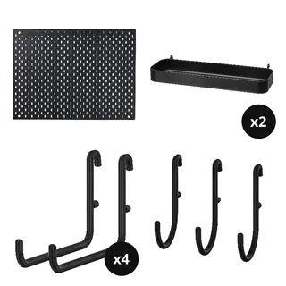 SKÅDIS set: pegboard + shelf x2 + hook x4 + hook, black, 76x56 cm