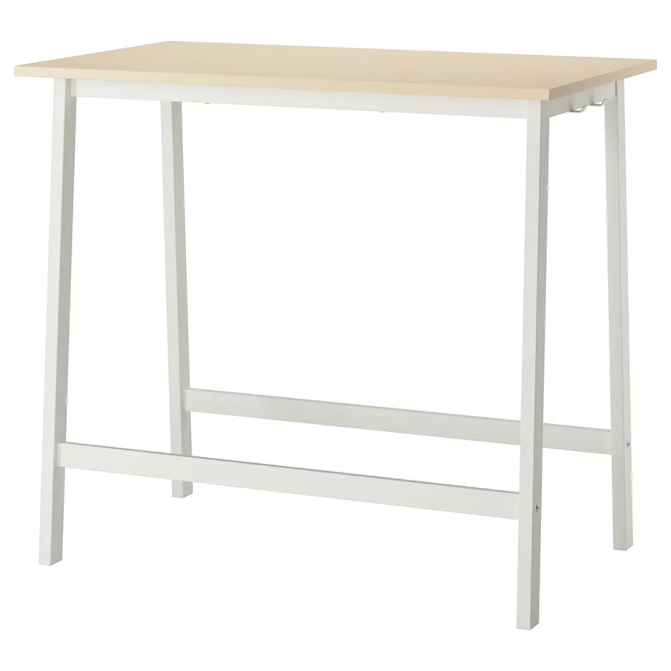A white MITTZON desk. Its rectangular, made of particleboard and birch veneer, with a stain-resistant surface.
