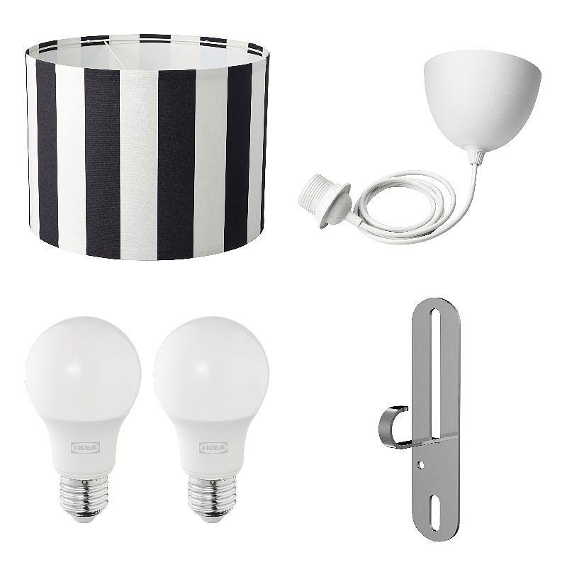 FÖRUT/HAVSDJUP/RINGSTA/SOLHETTA set: lamp shade + cord set + LED bulb E27 470 lumen + pendant/ceiling lamp hook, black/white + white + globe opal white, 42 cm