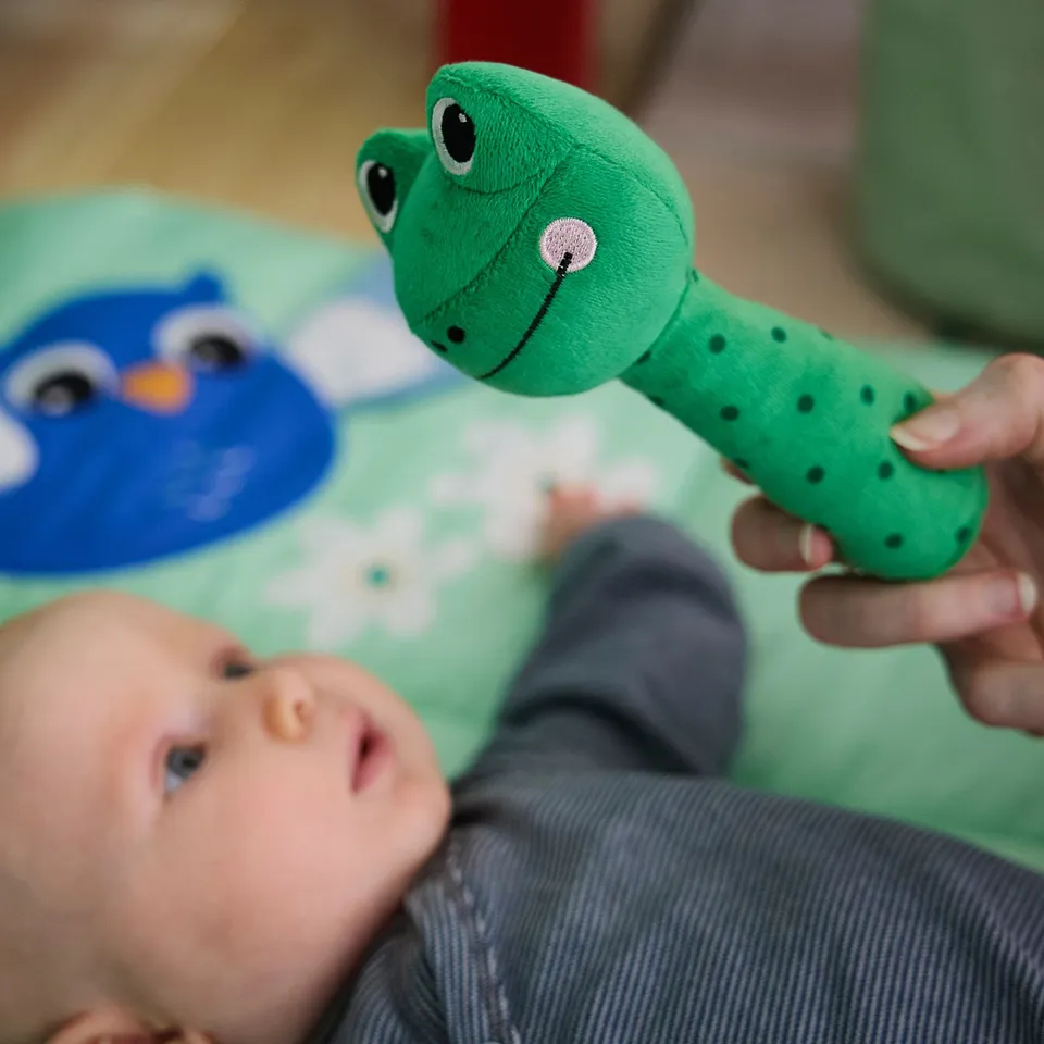 Baby gapes at green frog rattle, held by adult. Frog has big eyes and dots, emits sound when shaken.
