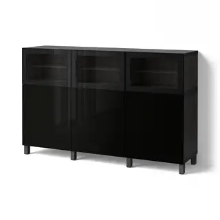 BESTÅ storage combination with doors, black-brown Selsviken/Glassvik high-gloss/black clear glass, 180x42x112 cm