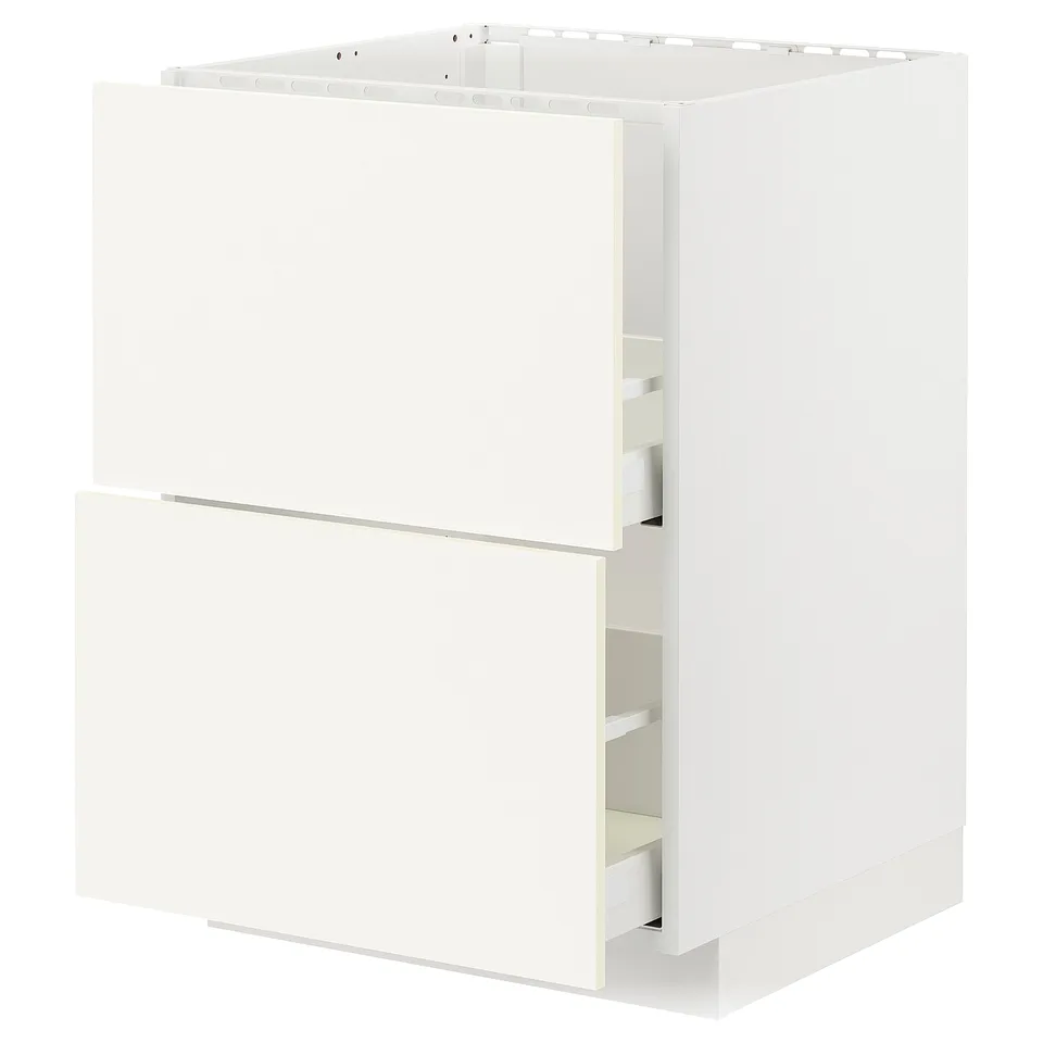 A white METOD kitchen cabinet unit with two drawers and an open shelf. Its rectangular, modern, and part of the ikea kitchen system.