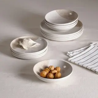 KRUSTISTEL set: deep plate x4 +plate x4+ side plate x4, patterned/light beige, 19 cm