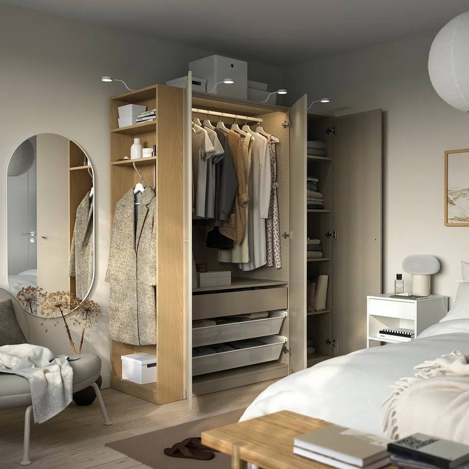PAX / FORSAND Wardrobe combination, grey-beige grey-beige/oak effect, 170x60x201 cm