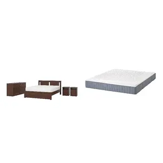 SONGESAND/VALEVÅG Bed with 24cm thick mattress, pocket sprung, foam,5 comfort zones, extra firm, brown + extra firm/light blue