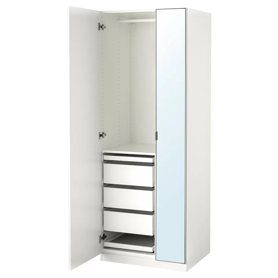 White PAX wardrobe with mirrored door, shelves, and drawers.