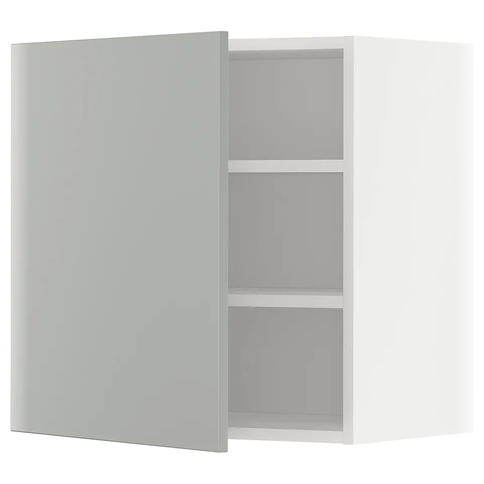 METOD light grey kitchen cabinet with door open, boxy shape, modern clean design.