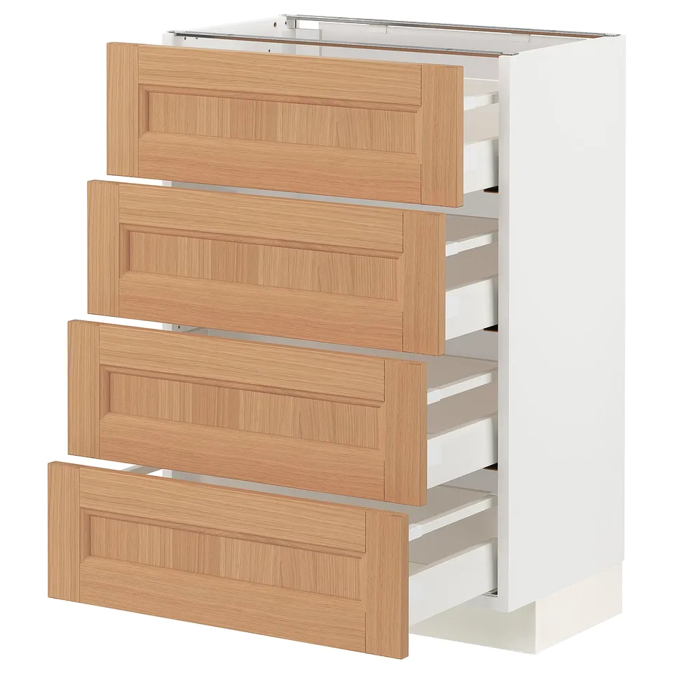 Four-drawer oak METOD cabinet, off-white, sleek, modern design with smooth-running drawers.