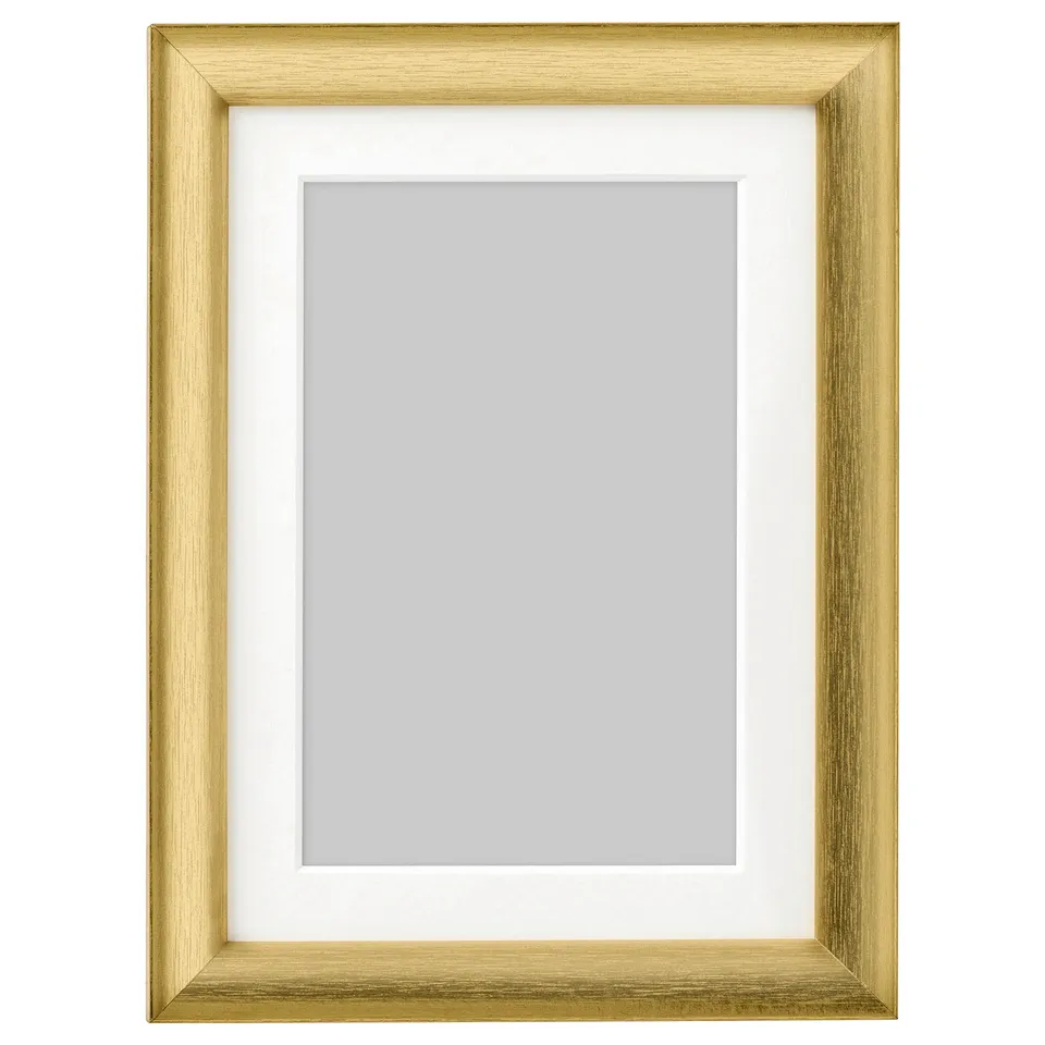 Gold-framed empty picture with white mat, rectangular.