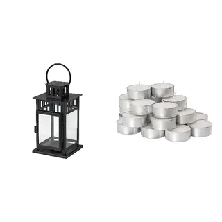 BORRBY/GLIMMA set: lantern for tealight + unscented tealight, in/outdoor black, 20 cm