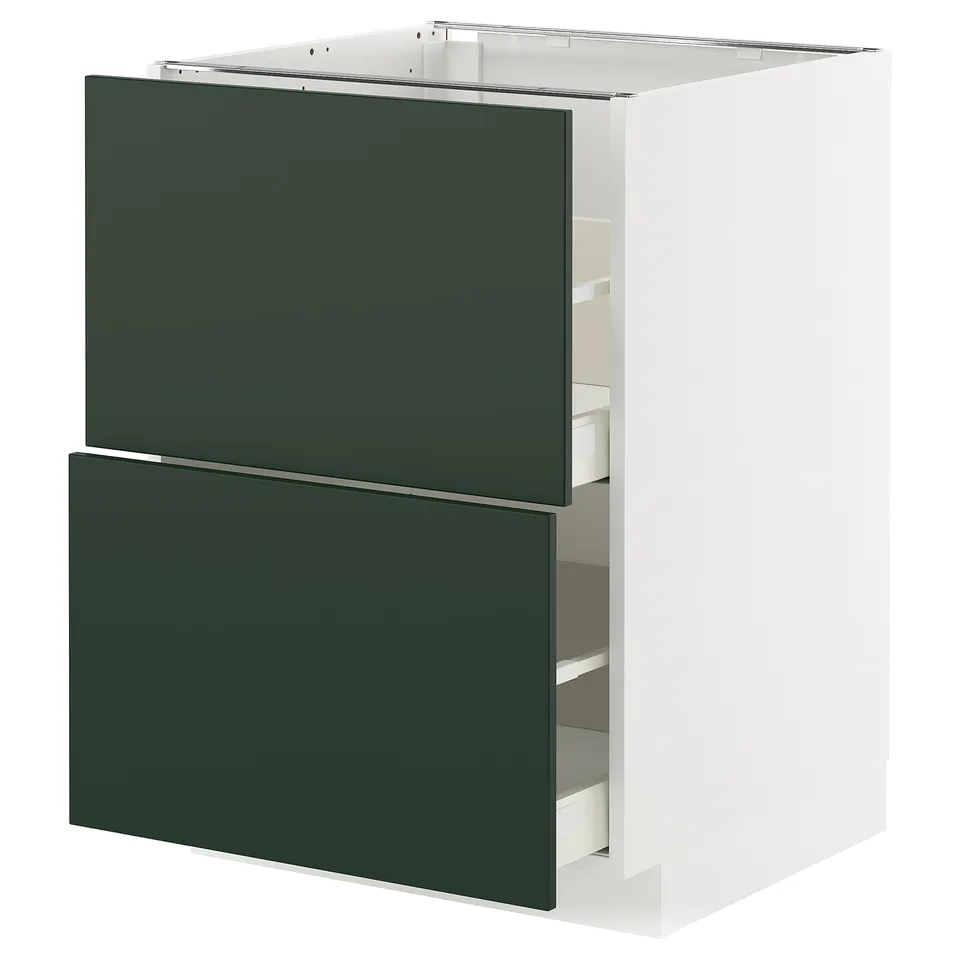 METOD kitchen cabinet with 2 green havstorp drawers, white frame; sleek, modern design.