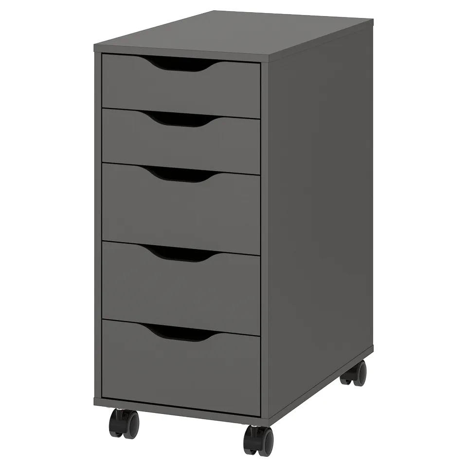 An ALEX drawer unit in grey. It has five drawers, each with a sleek, modern handle. The unit is on castors for easy movement.