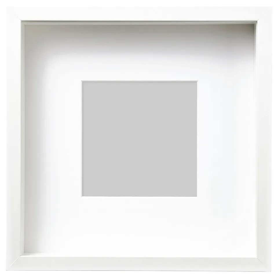 A white SANNAHED square picture frame, designed for displaying photos safely with plastic front protection.