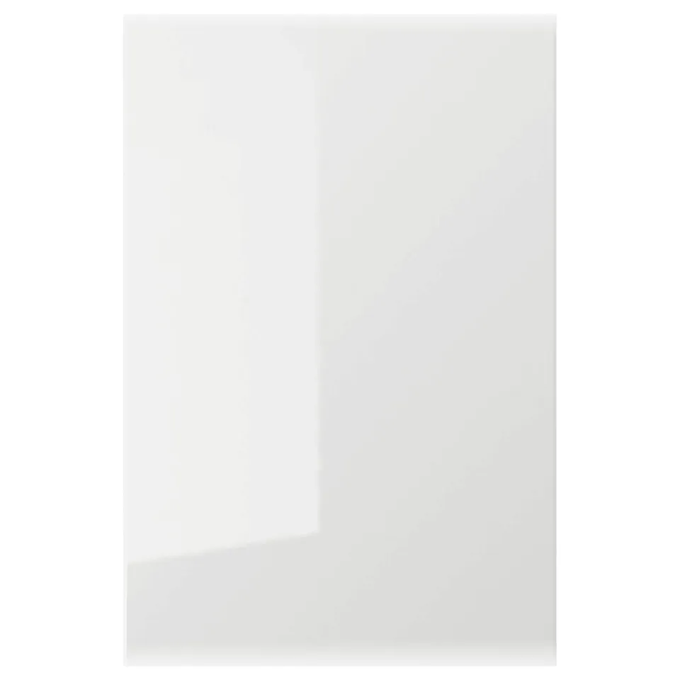 RINGHULT grey high-gloss kitchen cabinets with sleek, modern design. They are made of particle board with durable high-gloss plastic foil.