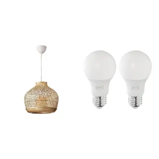 MISTERHULT/SOLHETTA set: pendant lamp + LED bulb E27 806 lumen, bamboo/handmade + dimmable/globe opal white, 45 cm