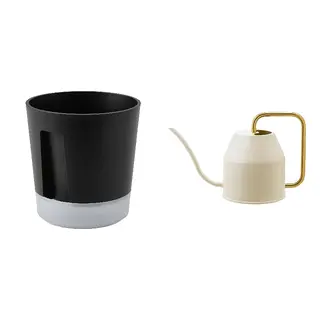 VATTENKRASSE/VÅRDTRÄD set: self-watering plant pot + watering can, in/outdoor transparent/anthracite + ivory/gold-colour, 12 cm