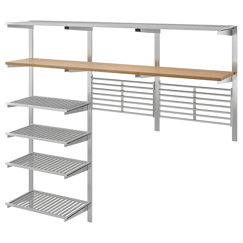 KUNGSFORS: stainless steel wall storage unit with wooden shelves. Multi-level design.
