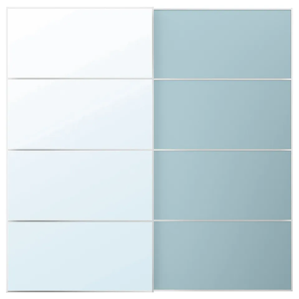 Wardrobe with white and light blue sliding doors, soft close.
