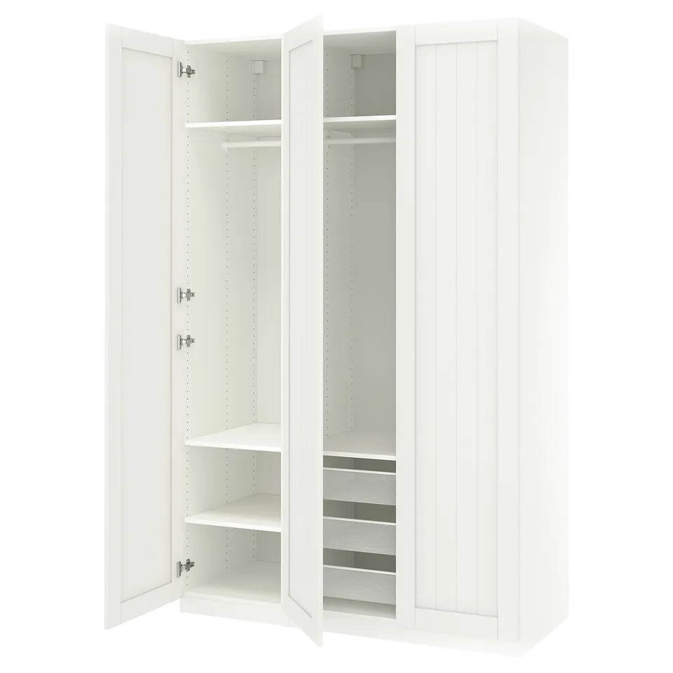 White PAX wardrobe with open doors, shelves, and mesh basket for storage. Modern design with adjustable feet and soft-close hinges.