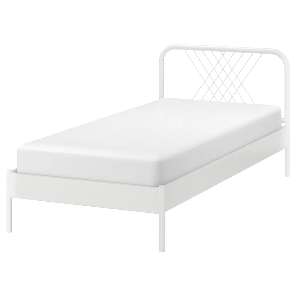 A white NESTTUN bed, featuring a sleek steel frame with a net-patterned headboard, designed for durability and easy maintenance.