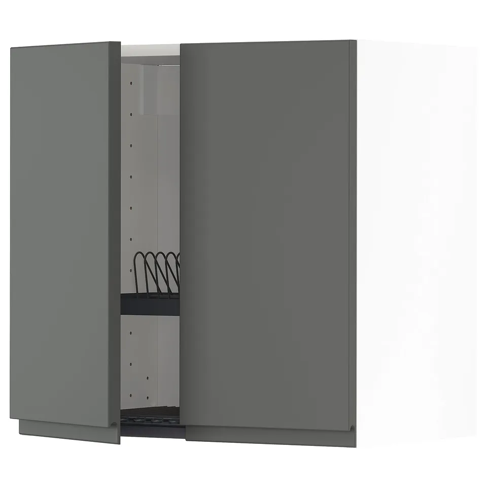Dark grey ikea METOD kitchen wall unit with one open door.
