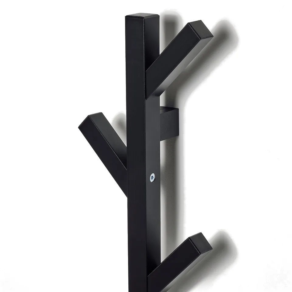 Black wooden coat rack with multiple hooks, designed for organising jackets and accessories.