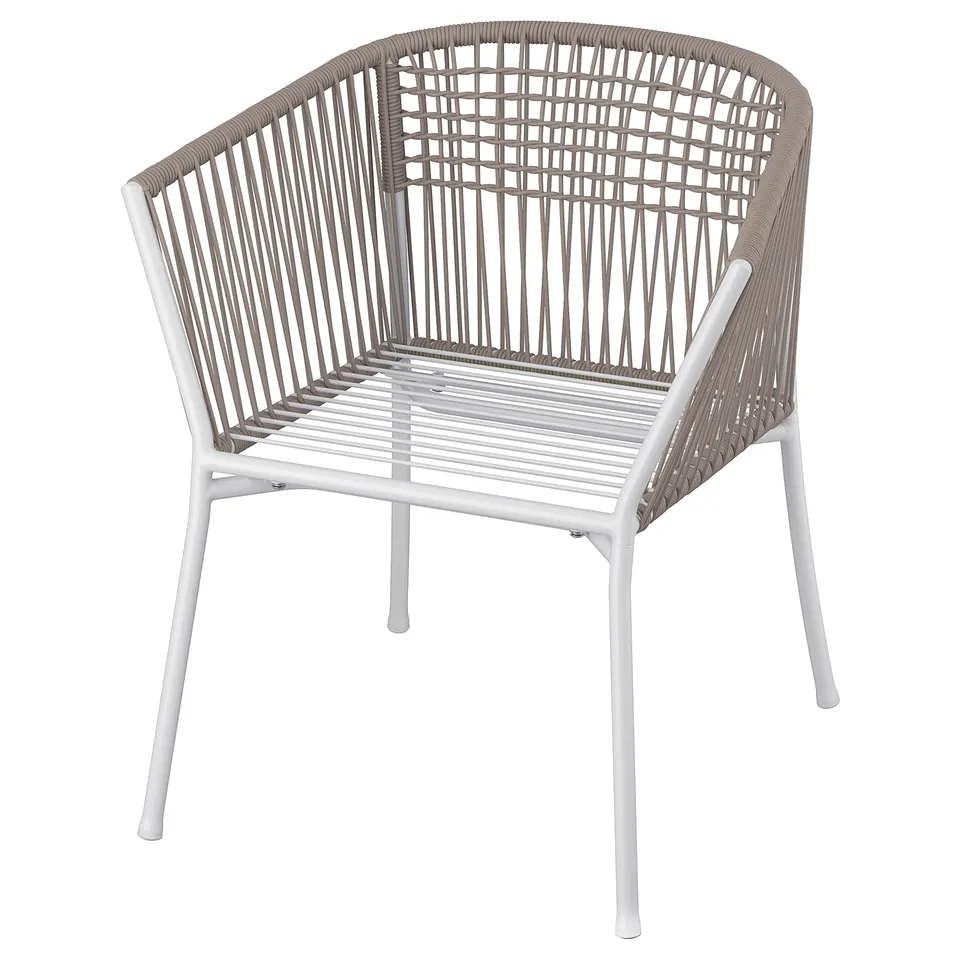 SEGERÖN outdoor chair, light grey, woven rope on white frame, neat design.