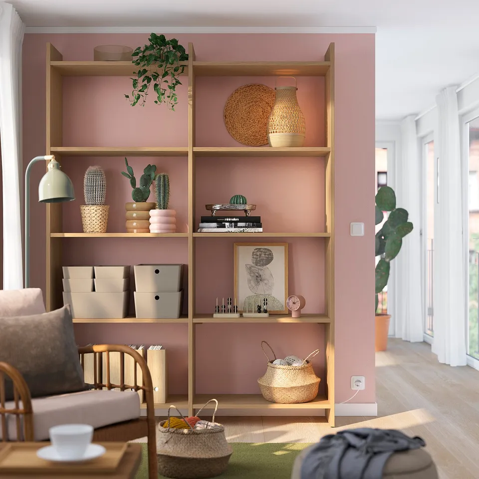 LÅDMAKARE shelving unit against wall, plants, baskets, books, tall
