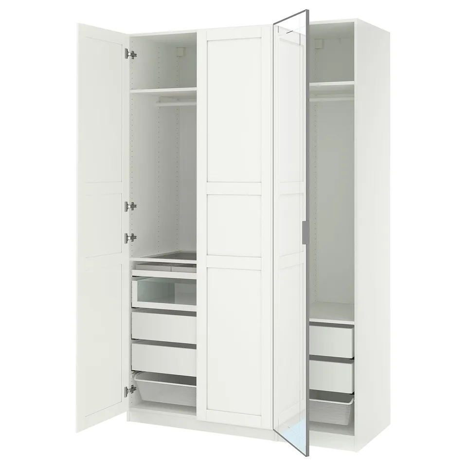 White PAX wardrobe with mirrored doors, drawers, and shelves.