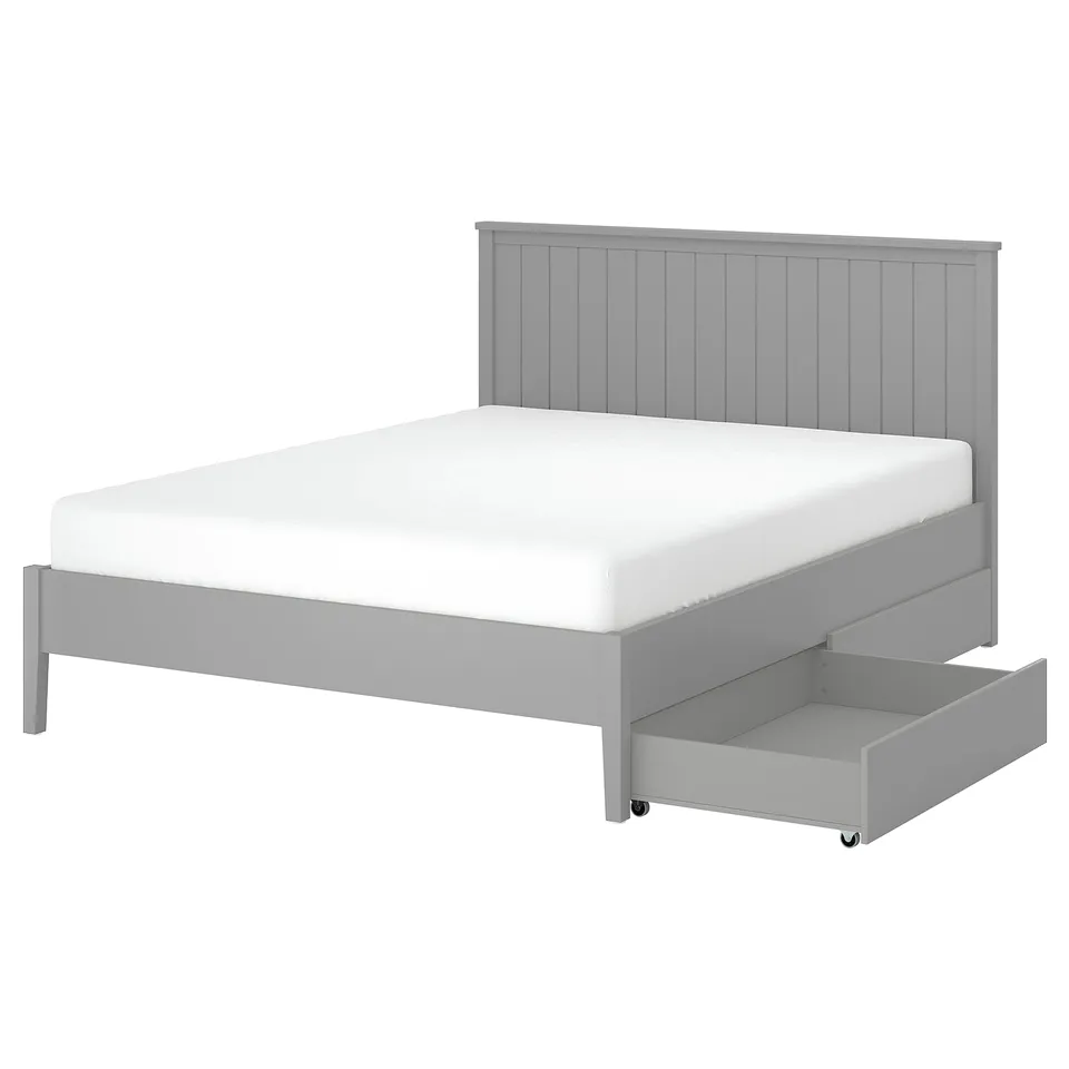 GULLABERG bed: grey, wooden, slatted headboard, storage drawers, classic design.
