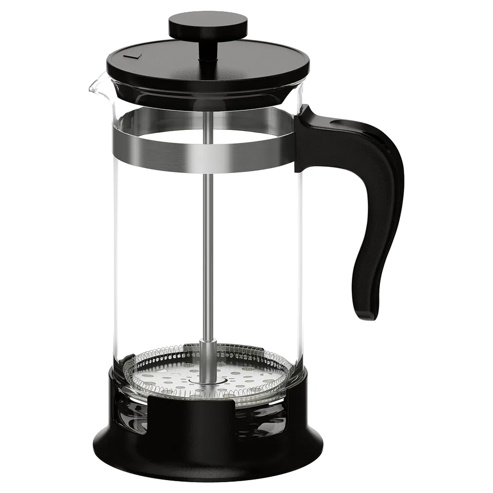Black UPPHETTA cafetière, glass body, plastic handle and lid, stainless steel parts, round shape.