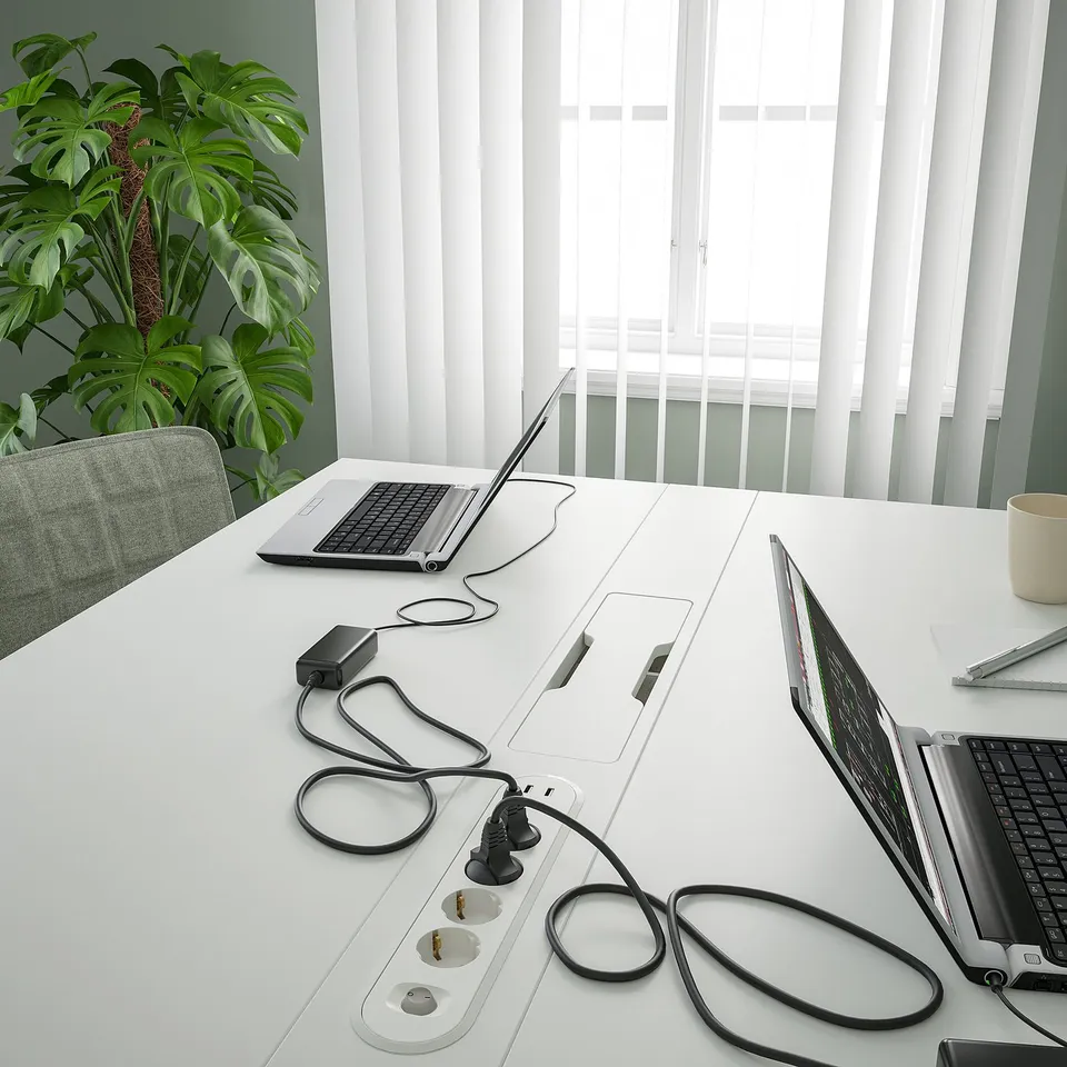 A modern conference table with integrated power outlets, laptops, and cables visible. A large indoor plant is nearby.