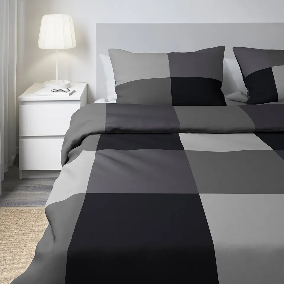 BRUNKRISSLA: grey chequered bedding set, primarily cotton/viscose, fits standard bed, looks cosy.