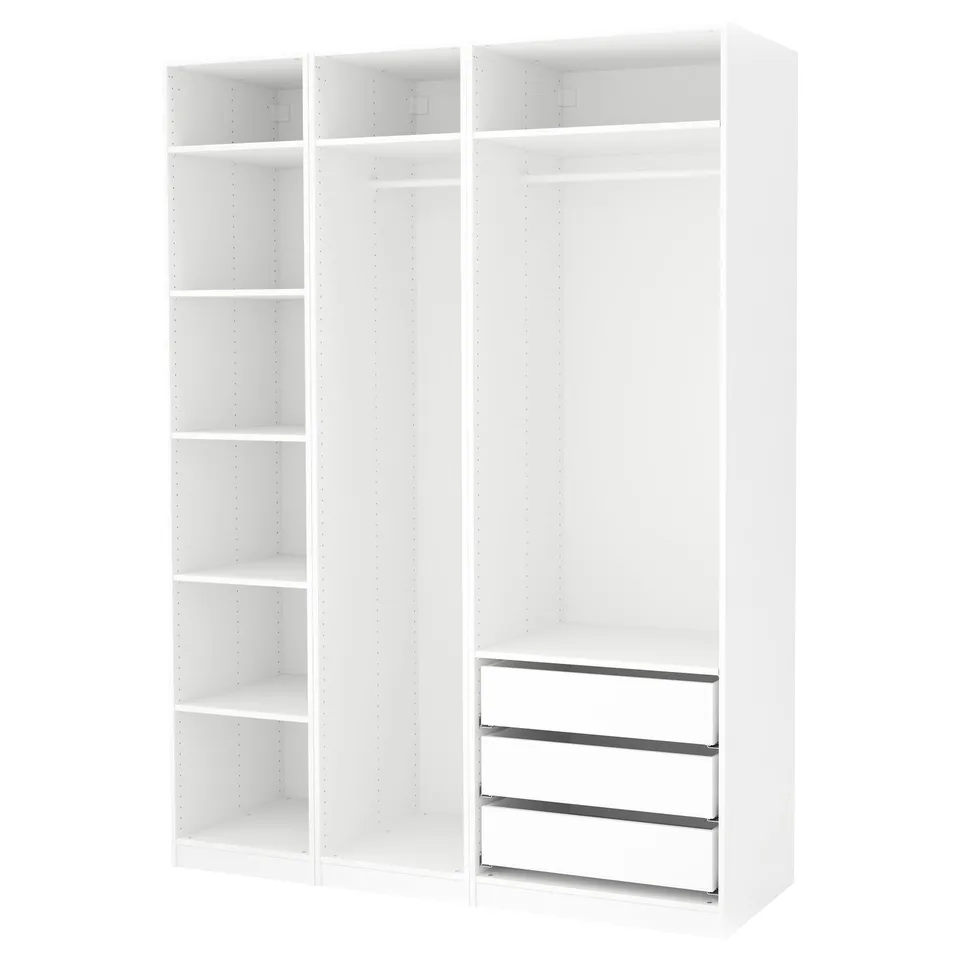 A white PAX wardrobe with shelves and drawers.