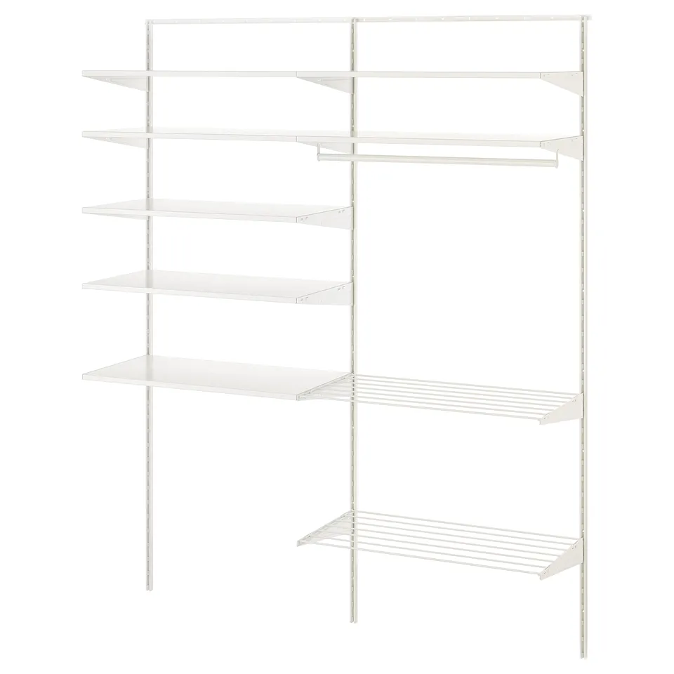 Displays a white BOAXEL wall-mounted storage system featuring multiple shelves and a drying rack, ideal for organising laundry items.
