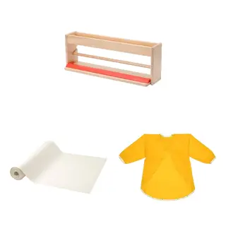 MÅLA set: paper roll holder with storage + drawing paper roll + apron with long sleeves, yellow, Length 50 x Width 13 x Height 18 cm