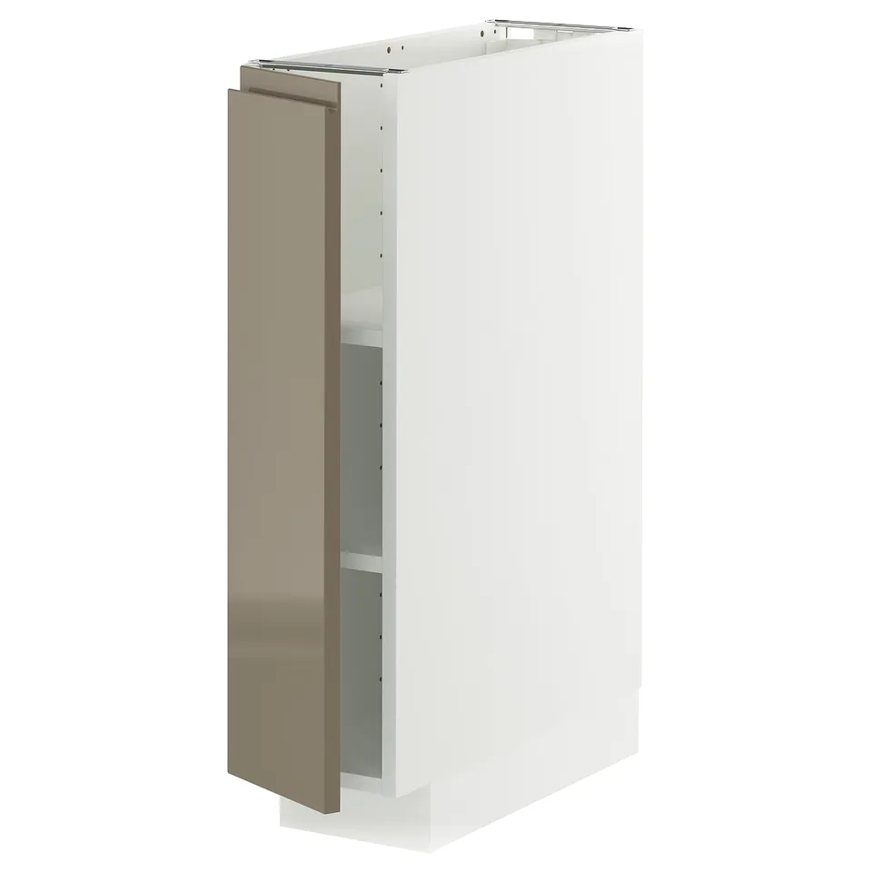 A METOD kitchen cabinet with a high gloss dark grey-brown door, featuring sleek handles and an adjustable shelf.