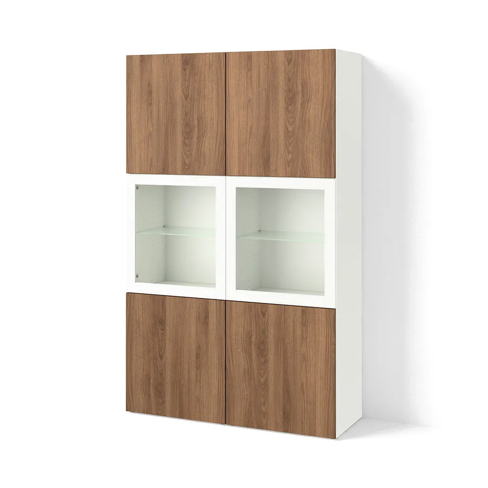 BESTÅ Storage combination w glass doors, white Lappviken/brown walnut effect, 120x42x193 cm