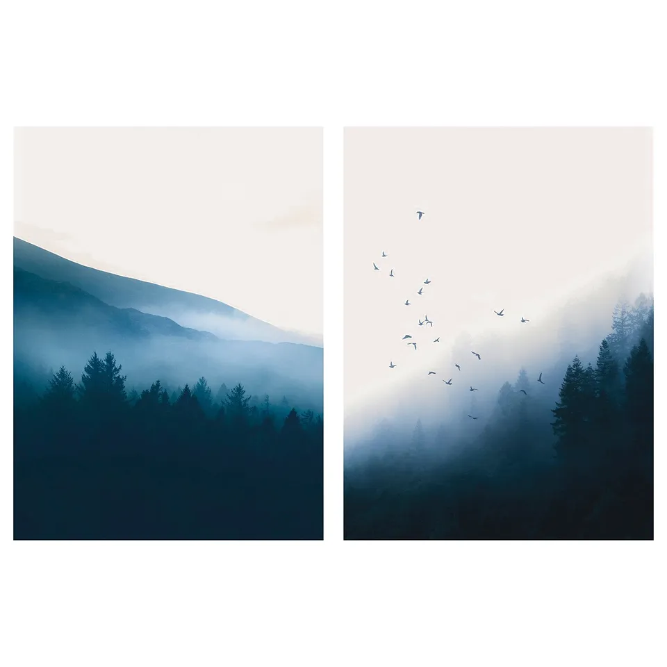 Two pictures of mountains with mist and birds. One image with birds flying, other without. Calm scene.