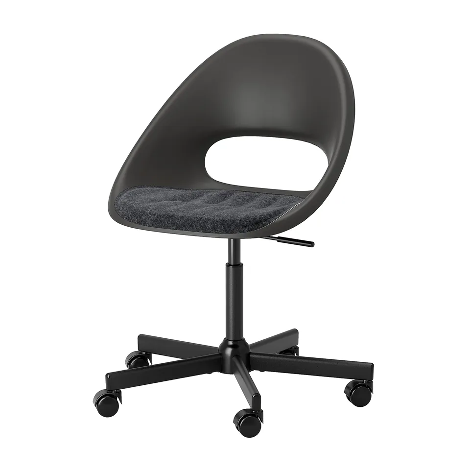 Black ELDBERGET chair with ergonomic back, padded seat, and casters.