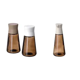 HALVTOM set: salt and pepper shakers + bottle with pour spout, glass/brown, 12 cm